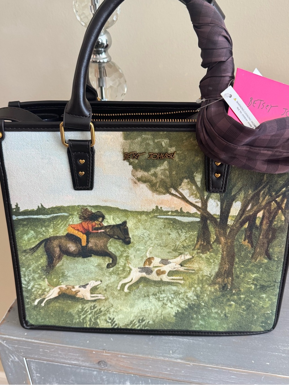 Betsey Johnson Equestrian Scene Tote Black & Green New - Picture 2 of 5